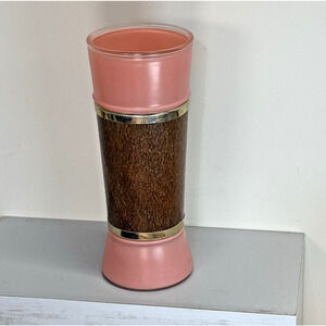60s Pink Vintage Siesta Ware Hawaiian Frosted Tiki Tall Glass With Mahogany Wood